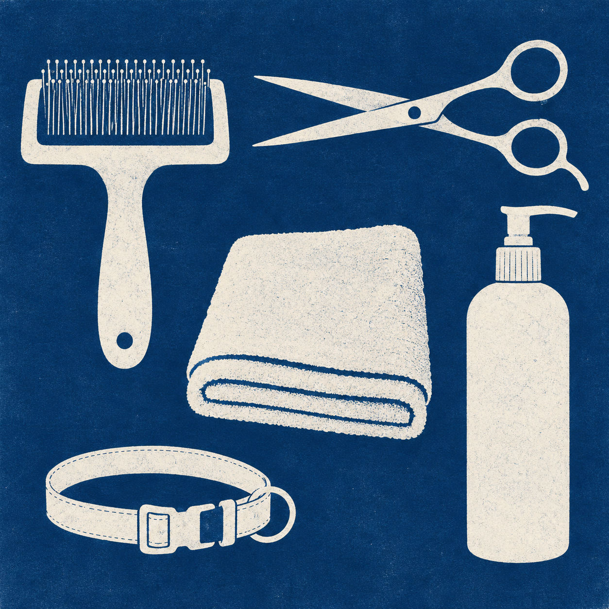 Illustration of pet grooming business: an empty wash station, an unbranded carrier, ceramic water bowls
